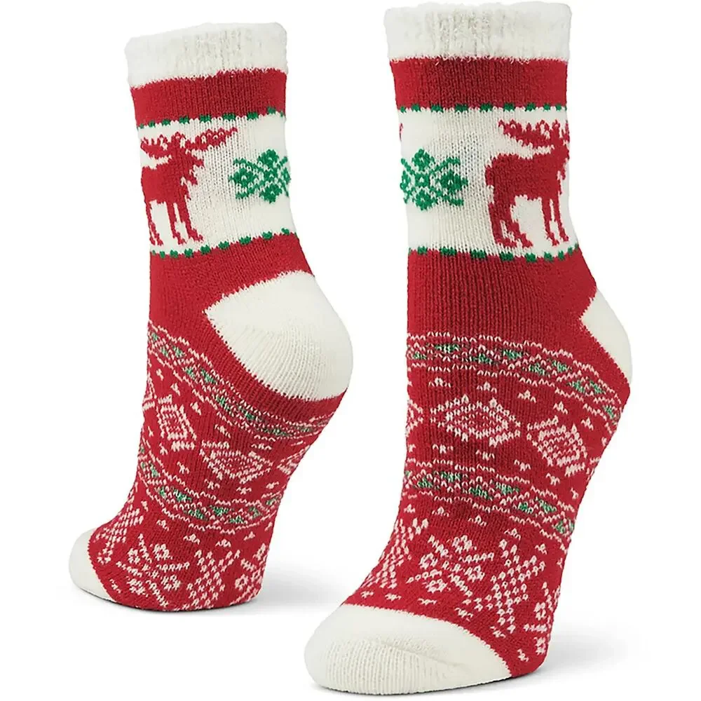 2 Pairs Magellan Outdoors Lodge Crew Socks Red Pink Snow Moose Aloe Infused 6-10